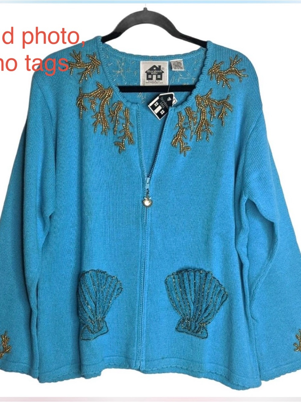 Vintage Storybook Knits Golden Reef Zip Cardigan Beach Blue/Gold Limited Edition